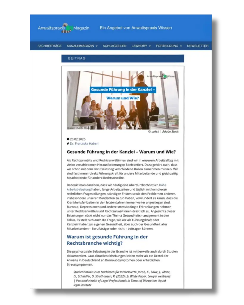 Gesunde Führung in der Kanzlei Anwaltpraxis Magazin Dr. Franziska Haberl