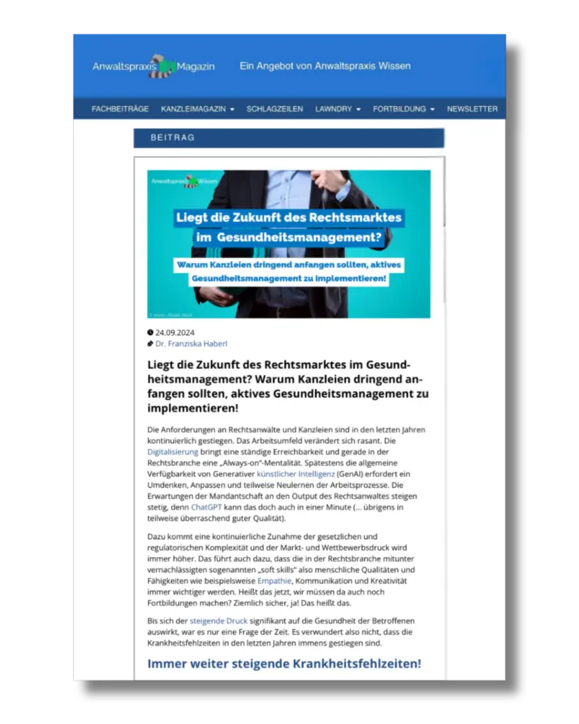 Fachartikel Anwaltpraxis Magazin Gesundheitsmanagament im Rechtsmarkt Dr. Franziska Haberl